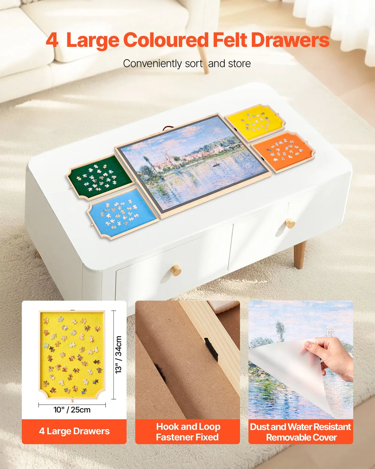 VEVOR 1000 detaļu rotējošs puzles dēlis ar 4 krāsainām filca atvilktnēm un pārsegu, 73 x 53 cm pārnēsājams koka galds, regulējams 2 slīpuma leņķos, puzļu piederumi pieaugušajiem, dzimšanas dienas dāvana mammai - ZEMLETES.LV