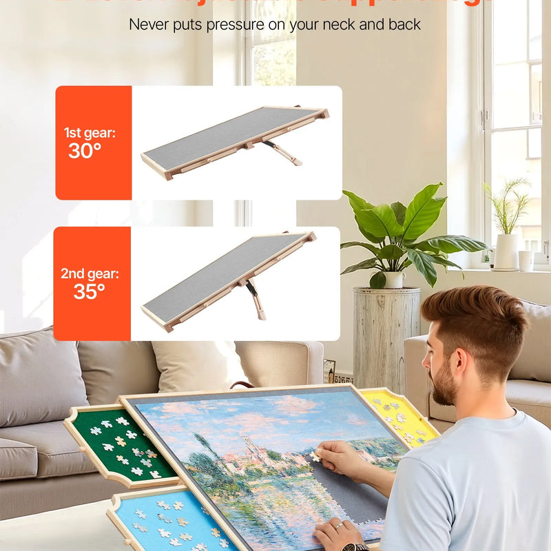 VEVOR 1000 detaļu rotējošs puzles dēlis ar 4 krāsainām filca atvilktnēm un pārsegu, 73 x 53 cm pārnēsājams koka galds, regulējams 2 slīpuma leņķos, puzļu piederumi pieaugušajiem, dzimšanas dienas dāvana mammai