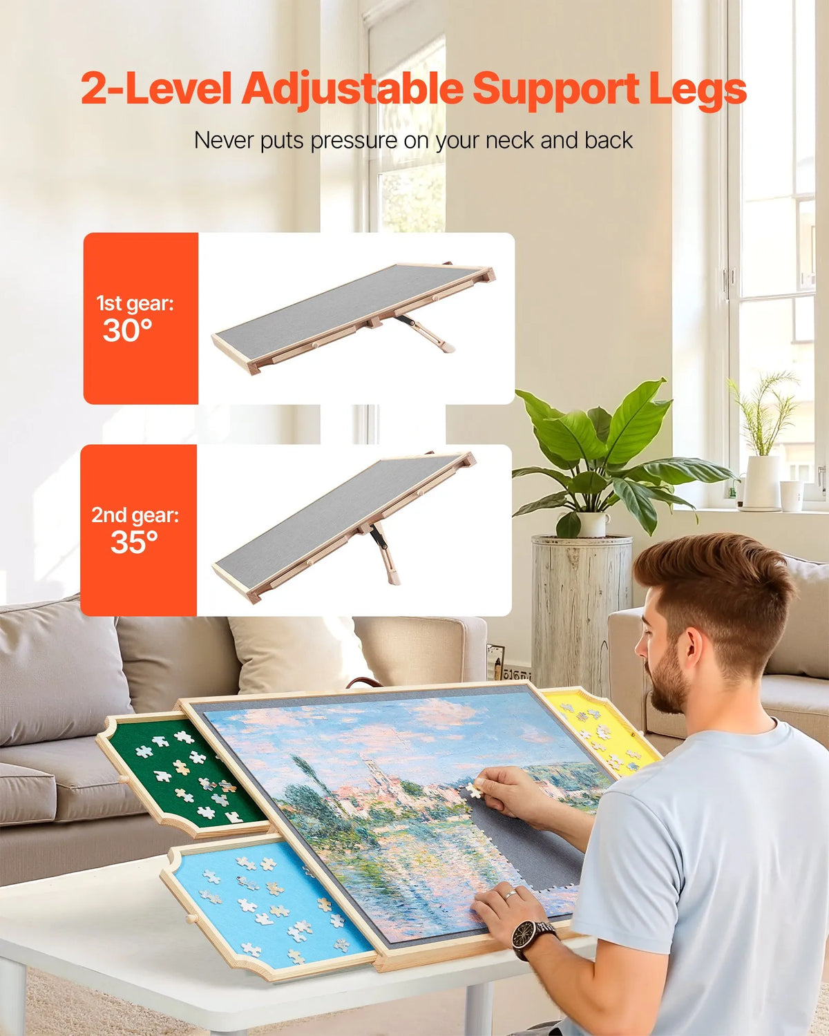 VEVOR 1000 detaļu rotējošs puzles dēlis ar 4 krāsainām filca atvilktnēm un pārsegu, 73 x 53 cm pārnēsājams koka galds, regulējams 2 slīpuma leņķos, puzļu piederumi pieaugušajiem, dzimšanas dienas dāvana mammai - ZEMLETES.LV