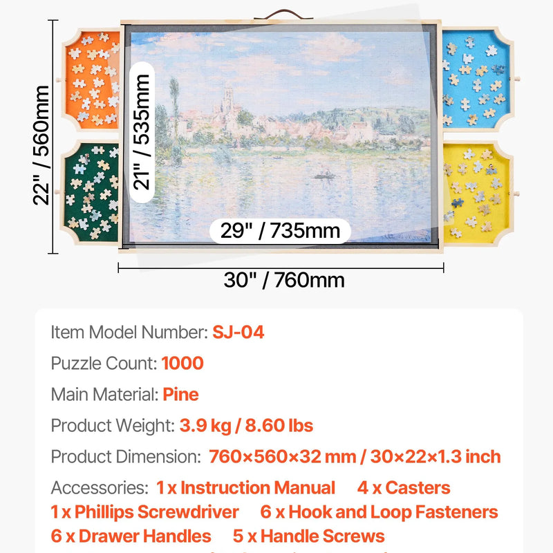 VEVOR 1000 detaļu rotējošs puzles dēlis ar 4 krāsainām filca atvilktnēm un pārsegu, 73 x 53 cm pārnēsājams koka galds, regulējams 2 slīpuma leņķos, puzļu piederumi pieaugušajiem, dzimšanas dienas dāvana mammai