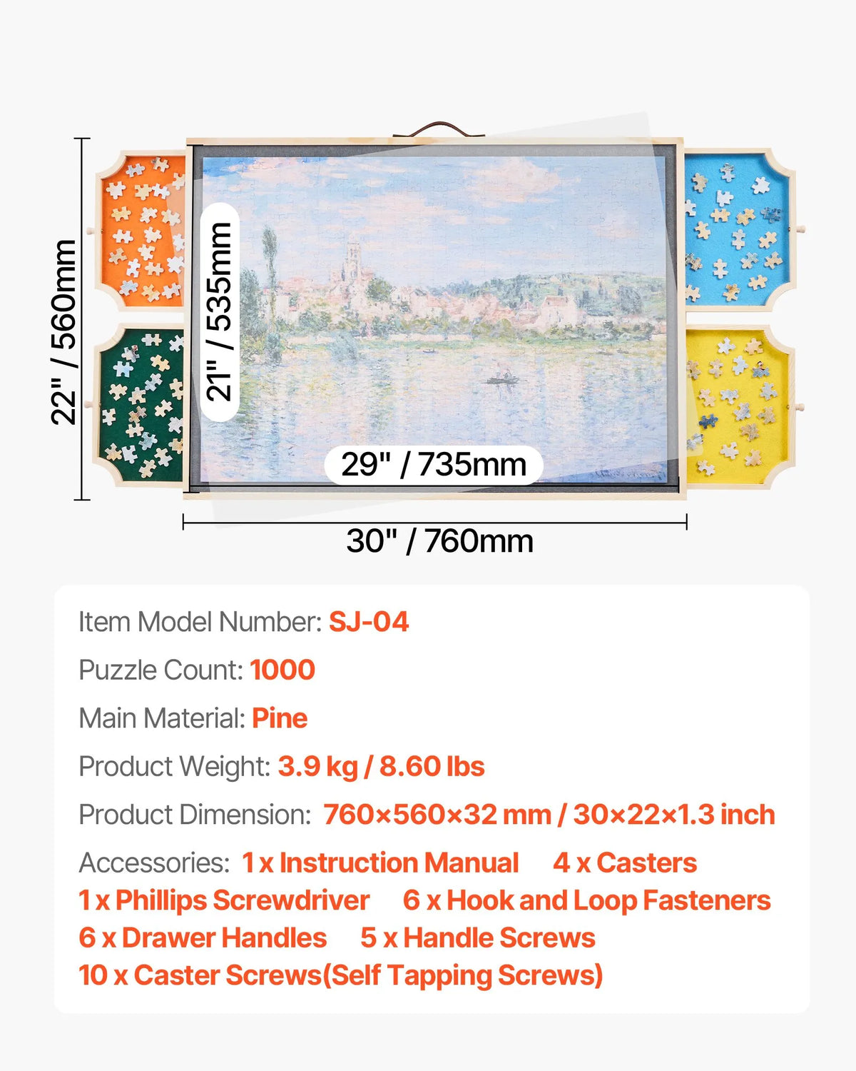 VEVOR 1000 detaļu rotējošs puzles dēlis ar 4 krāsainām filca atvilktnēm un pārsegu, 73 x 53 cm pārnēsājams koka galds, regulējams 2 slīpuma leņķos, puzļu piederumi pieaugušajiem, dzimšanas dienas dāvana mammai - ZEMLETES.LV
