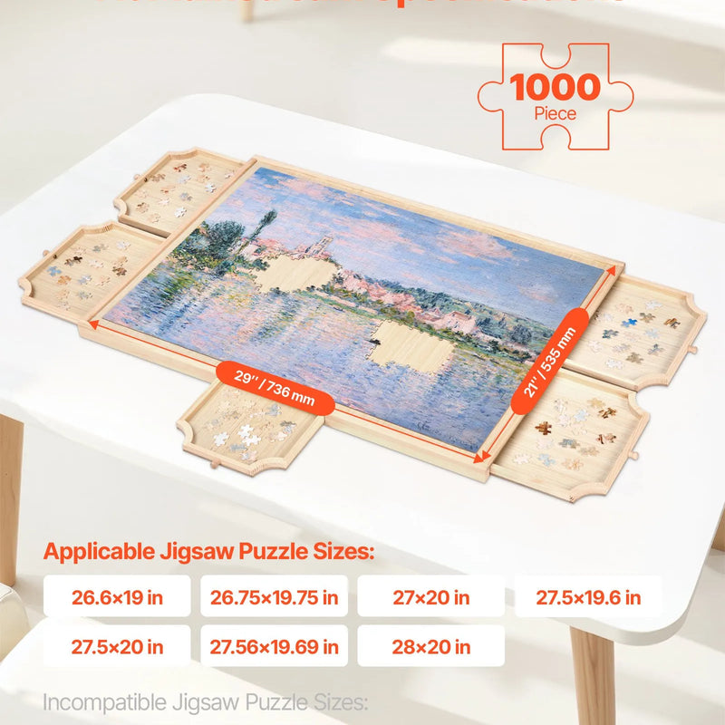 VEVOR 1000 detaļu rotējošs puzles dēlis ar 5 atvilktnēm un vāku, 74 x 53 cm pārnēsājams koka galds, puzļu organizators pieaugušajiem, uzglabāšanas sistēma, dzimšanas dienas dāvana mammai