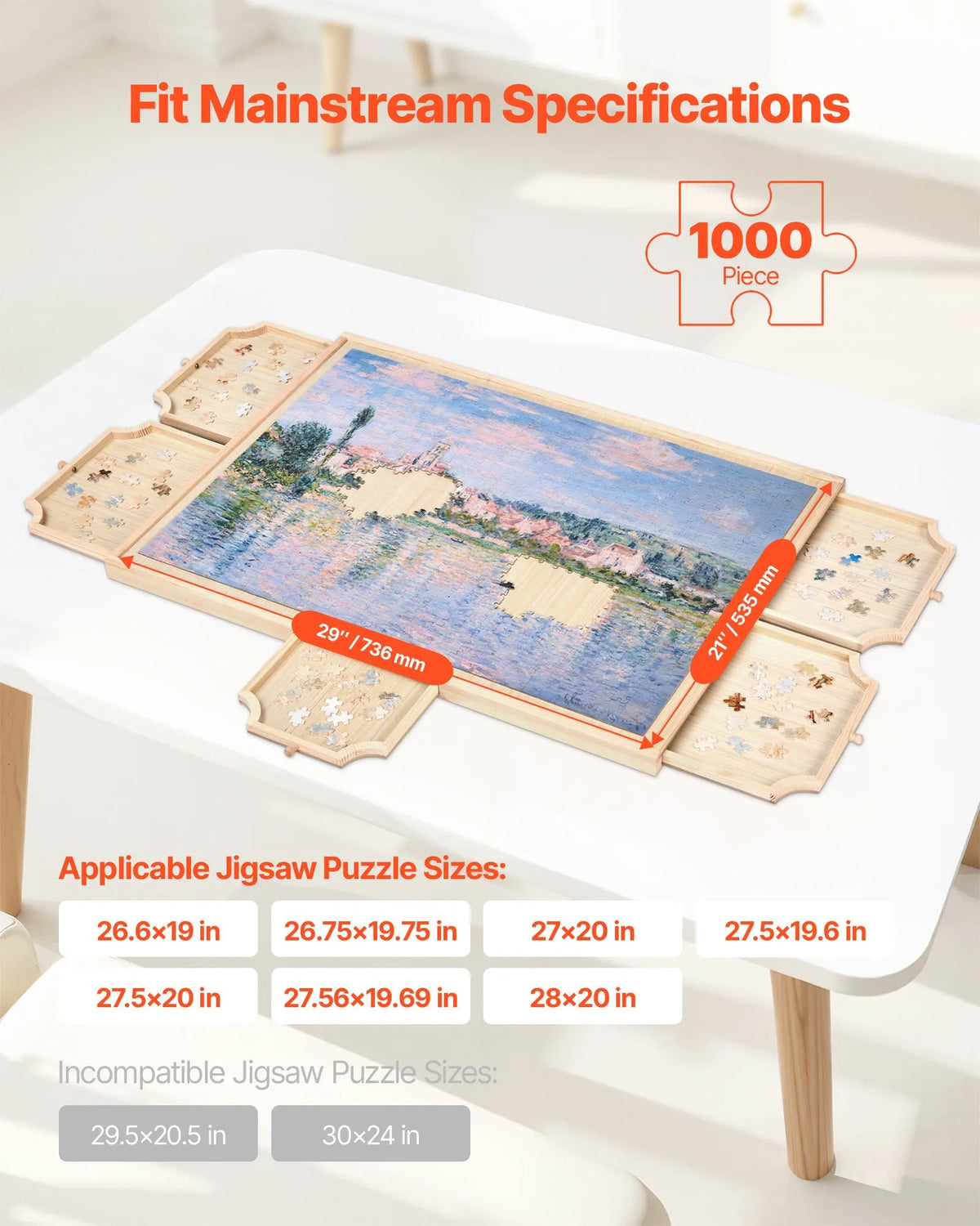 VEVOR 1000 detaļu rotējošs puzles dēlis ar 5 atvilktnēm un vāku, 74 x 53 cm pārnēsājams koka galds, puzļu organizators pieaugušajiem, uzglabāšanas sistēma, dzimšanas dienas dāvana mammai - ZEMLETES.LV