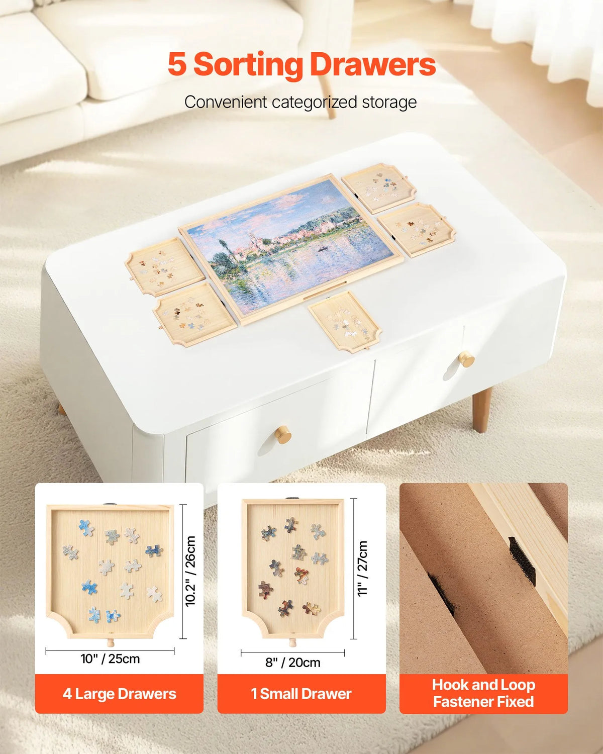VEVOR 1000 detaļu rotējošs puzles dēlis ar 5 atvilktnēm un vāku, 74 x 53 cm pārnēsājams koka galds, puzļu organizators pieaugušajiem, uzglabāšanas sistēma, dzimšanas dienas dāvana mammai - ZEMLETES.LV
