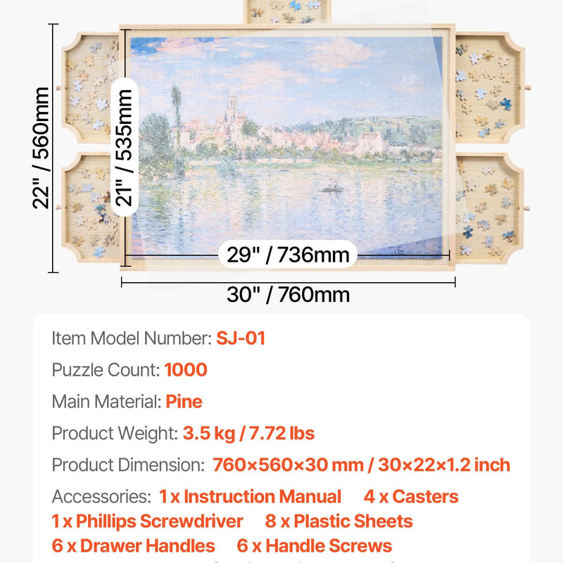 VEVOR 1000 detaļu rotējošs puzles dēlis ar 5 atvilktnēm un vāku, 74 x 53 cm pārnēsājams koka galds, puzļu organizators pieaugušajiem, uzglabāšanas sistēma, dzimšanas dienas dāvana mammai