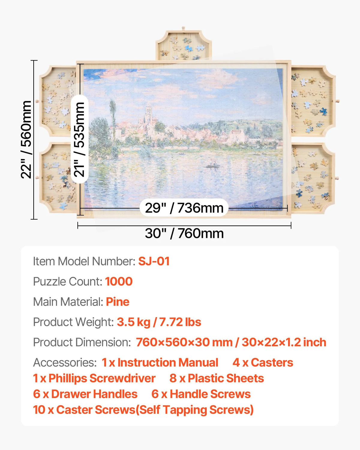 VEVOR 1000 detaļu rotējošs puzles dēlis ar 5 atvilktnēm un vāku, 74 x 53 cm pārnēsājams koka galds, puzļu organizators pieaugušajiem, uzglabāšanas sistēma, dzimšanas dienas dāvana mammai - ZEMLETES.LV