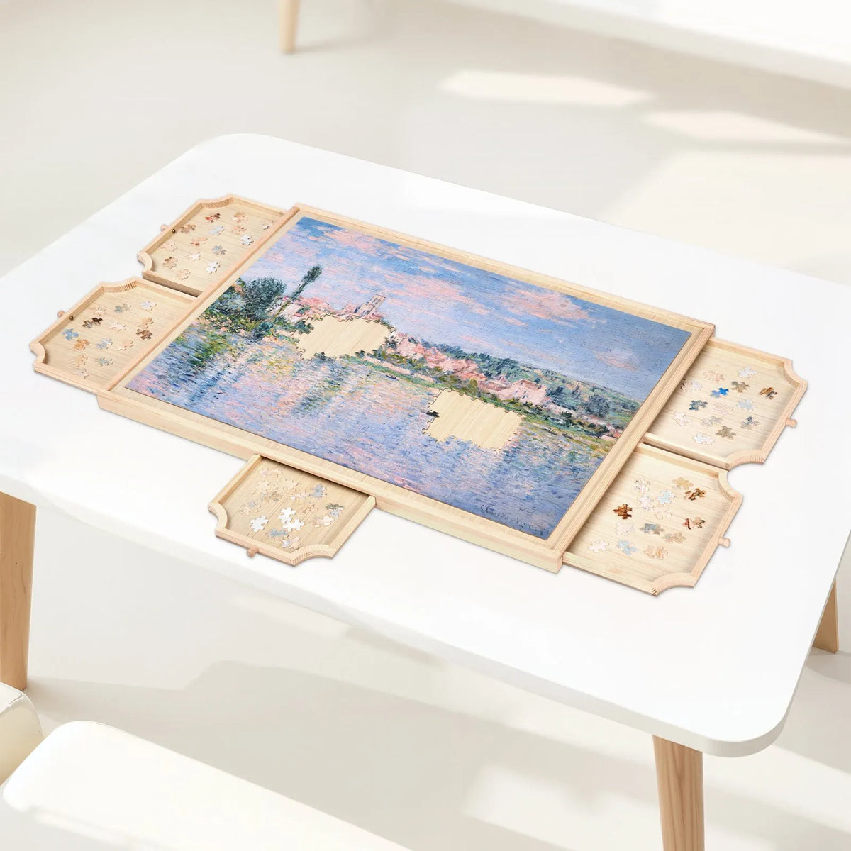 VEVOR 1000 detaļu rotējošs puzles dēlis ar 5 atvilktnēm un vāku, 74 x 53 cm pārnēsājams koka galds, puzļu organizators pieaugušajiem, uzglabāšanas sistēma, dzimšanas dienas dāvana mammai - ZEMLETES.LV