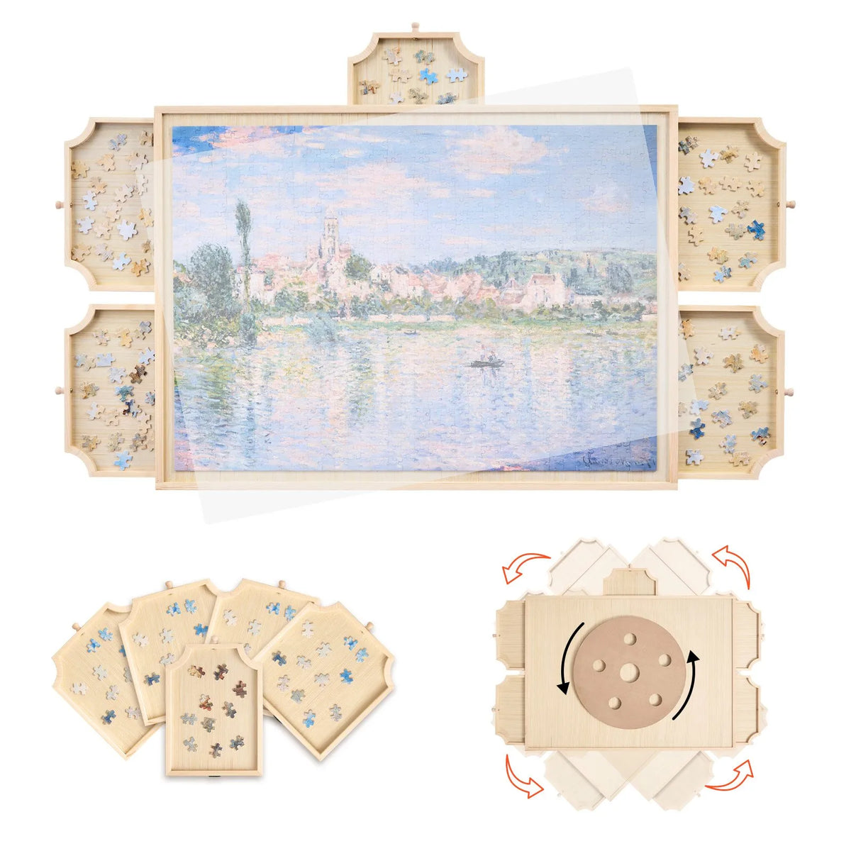 VEVOR 1000 detaļu rotējošs puzles dēlis ar 5 atvilktnēm un vāku, 74 x 53 cm pārnēsājams koka galds, puzļu organizators pieaugušajiem, uzglabāšanas sistēma, dzimšanas dienas dāvana mammai - ZEMLETES.LV