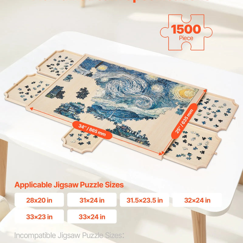 VEVOR 1500 detaļu rotējošs puzles dēlis ar 5 atvilktnēm un pārsegu, 86 x 63 cm pārnēsājams koka galds, puzļu organizators pieaugušajiem, uzglabāšanas sistēma, dzimšanas dienas dāvana mammai - ZEMLETES.LV