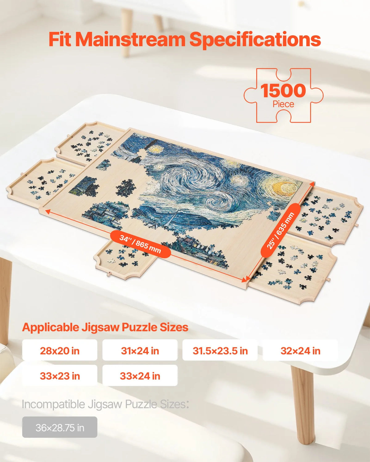 VEVOR 1500 detaļu rotējošs puzles dēlis ar 5 atvilktnēm un pārsegu, 86 x 63 cm pārnēsājams koka galds, puzļu organizators pieaugušajiem, uzglabāšanas sistēma, dzimšanas dienas dāvana mammai - ZEMLETES.LV