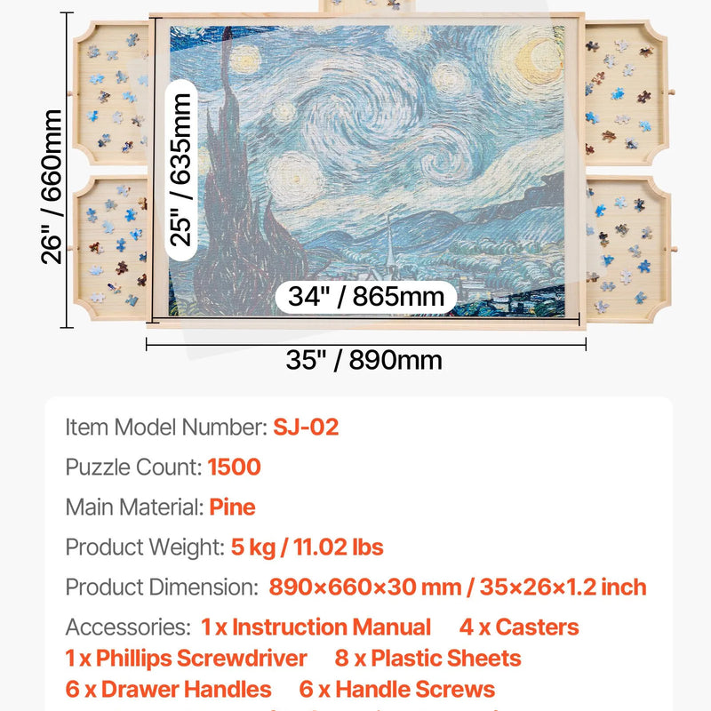 VEVOR 1500 detaļu rotējošs puzles dēlis ar 5 atvilktnēm un pārsegu, 86 x 63 cm pārnēsājams koka galds, puzļu organizators pieaugušajiem, uzglabāšanas sistēma, dzimšanas dienas dāvana mammai - ZEMLETES.LV