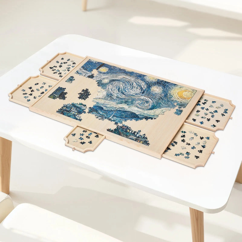 VEVOR 1500 detaļu rotējošs puzles dēlis ar 5 atvilktnēm un pārsegu, 86 x 63 cm pārnēsājams koka galds, puzļu organizators pieaugušajiem, uzglabāšanas sistēma, dzimšanas dienas dāvana mammai - ZEMLETES.LV