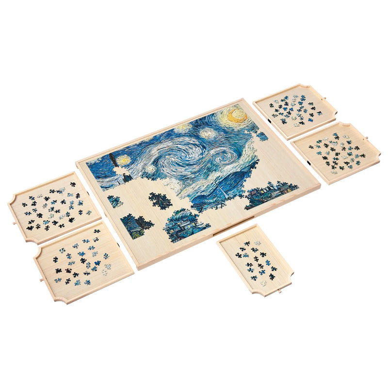 VEVOR 1500 detaļu rotējošs puzles dēlis ar 5 atvilktnēm un pārsegu, 86 x 63 cm pārnēsājams koka galds, puzļu organizators pieaugušajiem, uzglabāšanas sistēma, dzimšanas dienas dāvana mammai - ZEMLETES.LV