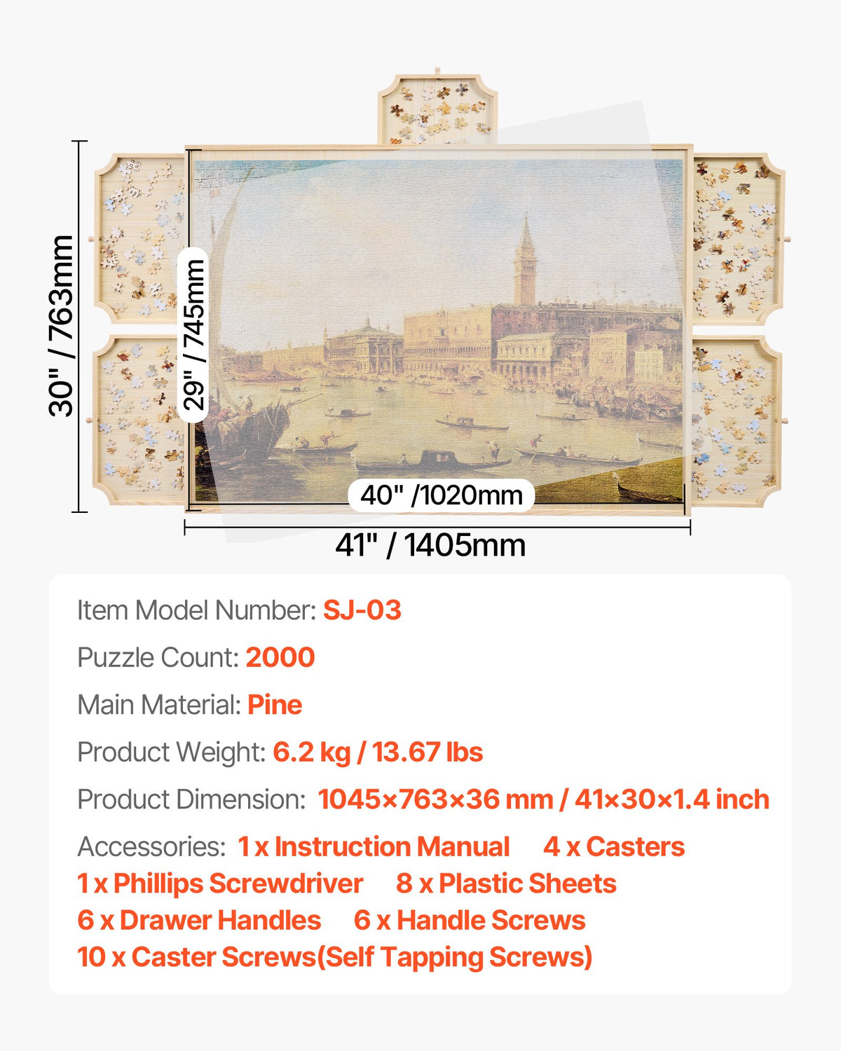 VEVOR 2000 detaļu rotējošs puzles dēlis ar 5 atvilktnēm un pārsegu, 102 x 74 cm pārnēsājams koka galds, puzļu organizators pieaugušajiem, uzglabāšanas sistēma, dzimšanas dienas dāvana mammai - ZEMLETES.LV