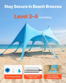 VEVOR pludmales telts nojume 6,1 × 4 m, augstums 2,8 m, UPF50+ saules aizsardzība, ātri uzstādāma, ar smilšu maisiem, stabilizācijas stieņiem un smilšu lāpstiņām, pārnēsājama - ZEMLETES.LV