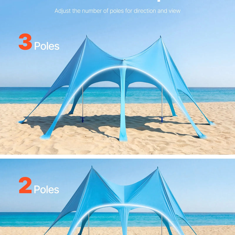 VEVOR pludmales telts nojume 6,1 × 4 m, augstums 2,8 m, UPF50+ saules aizsardzība, ātri uzstādāma, ar smilšu maisiem, stabilizācijas stieņiem un smilšu lāpstiņām, pārnēsājama - ZEMLETES.LV