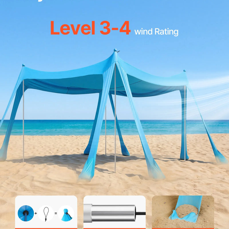 VEVOR pludmales nojume 3 × 3 m, zila, augstums 2 m, ar UPF50+ saules aizsardzību, ātri uzstādāma ar smilšu maisiem, stabilizācijas stabiem un lāpstiņām, portatīva ēna ģimenes atpūtai, kempingam un makšķerēšanai - ZEMLETES.LV