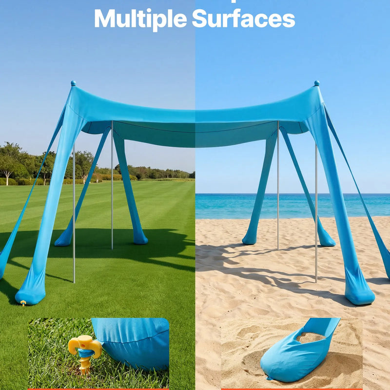 VEVOR pludmales nojume 3 × 3 m, zila, augstums 2 m, ar UPF50+ saules aizsardzību, ātri uzstādāma ar smilšu maisiem, stabilizācijas stabiem un lāpstiņām, portatīva ēna ģimenes atpūtai, kempingam un makšķerēšanai - ZEMLETES.LV