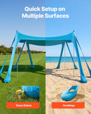 VEVOR pludmales nojume 3 × 3 m, zila, augstums 2 m, ar UPF50+ saules aizsardzību, ātri uzstādāma ar smilšu maisiem, stabilizācijas stabiem un lāpstiņām, portatīva ēna ģimenes atpūtai, kempingam un makšķerēšanai - ZEMLETES.LV
