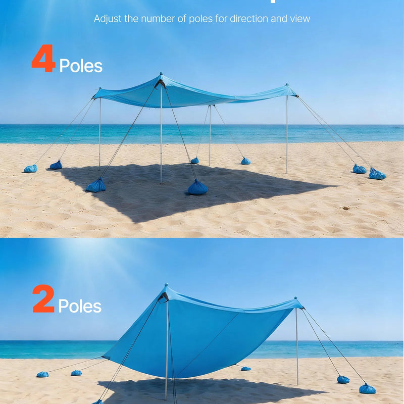 VEVOR pludmales nojume 3 × 3 m ar 8 smilšu maisiem, augstums 2 m, UPF50+ saules aizsardzība, ātri uzstādāma ar stabilizācijas stabiem un lāpstiņām, portatīva ēna ģimenes atpūtai, kempingam un makšķerēšanai - ZEMLETES.LV
