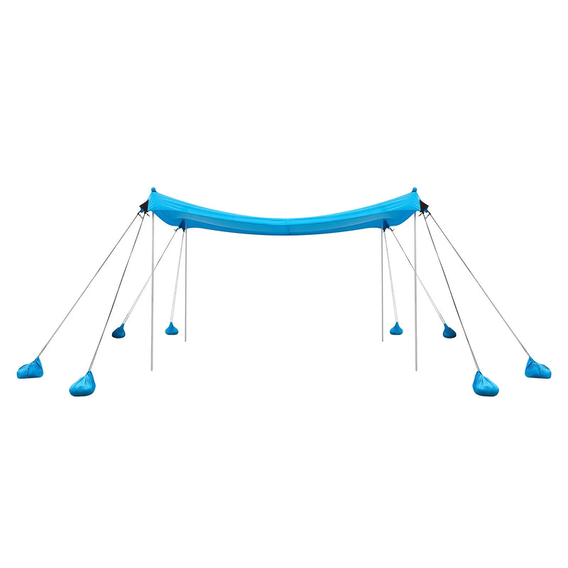 VEVOR pludmales nojume 3 × 3 m ar 8 smilšu maisiem, augstums 2 m, UPF50+ saules aizsardzība, ātri uzstādāma ar stabilizācijas stabiem un lāpstiņām, portatīva ēna ģimenes atpūtai, kempingam un makšķerēšanai - ZEMLETES.LV