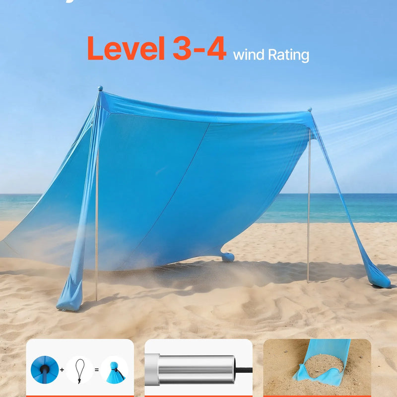 VEVOR pludmales telts nojume 3,4 × 3,4 m, augstums 2 m, UPF50+ saules aizsardzība, ātri uzstādāma, ar smilšu maisiem, stabilizācijas stieņiem un smilšu lāpstiņām, pārnēsājama - ZEMLETES.LV