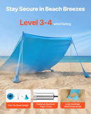 VEVOR pludmales telts nojume 3,4 × 3,4 m, augstums 2 m, UPF50+ saules aizsardzība, ātri uzstādāma, ar smilšu maisiem, stabilizācijas stieņiem un smilšu lāpstiņām, pārnēsājama - ZEMLETES.LV