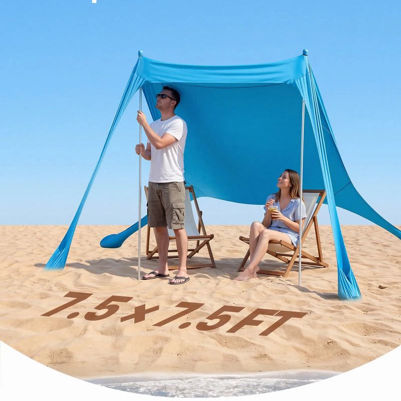 VEVOR pludmales nojume 2,3 × 2,3 m, augstums 2 m, ar UPF50+ saules aizsardzību, ātri uzstādāma ar smilšu maisiem, stabilizācijas stabiem un lāpstiņām, portatīva ēna ģimenes atpūtai, kempingam un makšķerēšanai