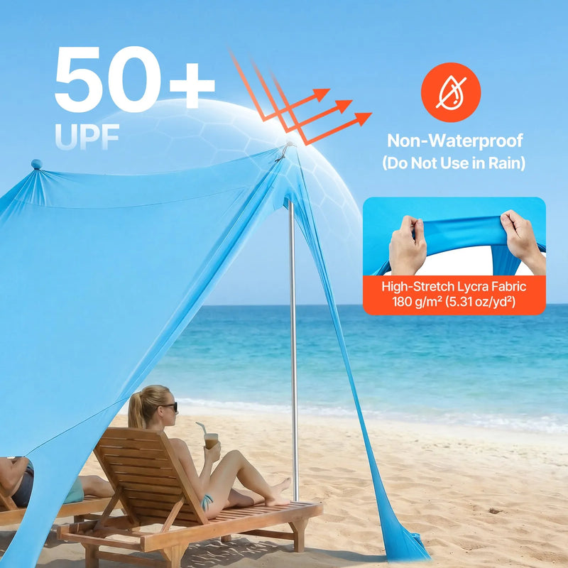 VEVOR pludmales nojume 2,3 × 2,3 m, augstums 2 m, ar UPF50+ saules aizsardzību, ātri uzstādāma ar smilšu maisiem, stabilizācijas stabiem un lāpstiņām, portatīva ēna ģimenes atpūtai, kempingam un makšķerēšanai