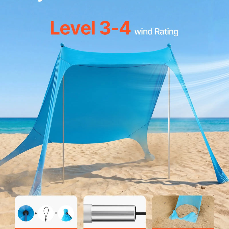 VEVOR pludmales nojume 2,3 × 2,3 m, augstums 2 m, ar UPF50+ saules aizsardzību, ātri uzstādāma ar smilšu maisiem, stabilizācijas stabiem un lāpstiņām, portatīva ēna ģimenes atpūtai, kempingam un makšķerēšanai