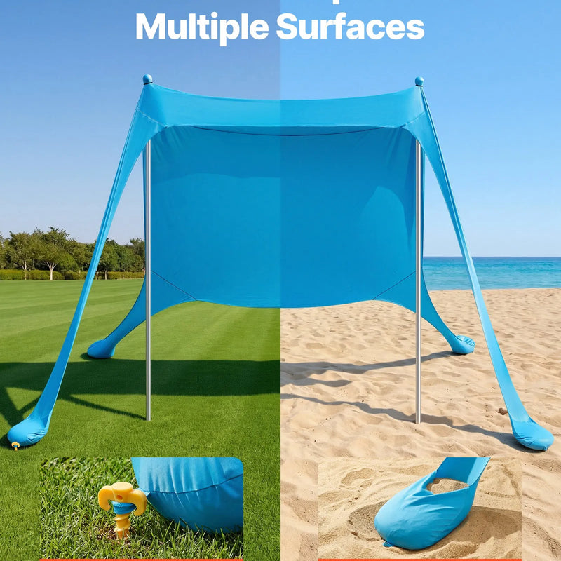 VEVOR pludmales nojume 2,3 × 2,3 m, augstums 2 m, ar UPF50+ saules aizsardzību, ātri uzstādāma ar smilšu maisiem, stabilizācijas stabiem un lāpstiņām, portatīva ēna ģimenes atpūtai, kempingam un makšķerēšanai