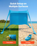 VEVOR pludmales nojume 2,3 × 2,3 m, augstums 2 m, ar UPF50+ saules aizsardzību, ātri uzstādāma ar smilšu maisiem, stabilizācijas stabiem un lāpstiņām, portatīva ēna ģimenes atpūtai, kempingam un makšķerēšanai