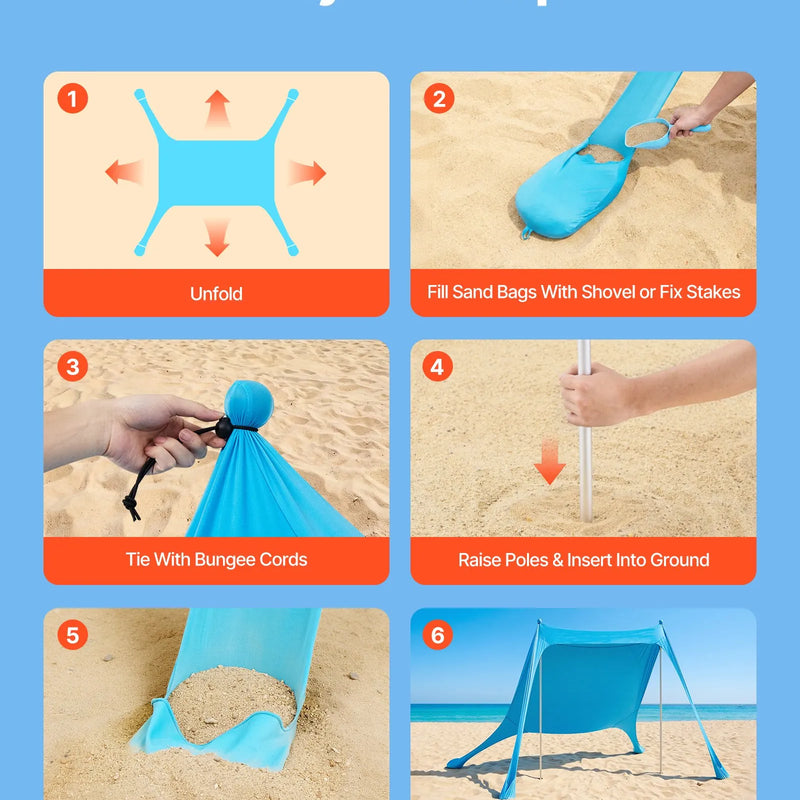 VEVOR pludmales nojume 2,3 × 2,3 m, augstums 2 m, ar UPF50+ saules aizsardzību, ātri uzstādāma ar smilšu maisiem, stabilizācijas stabiem un lāpstiņām, portatīva ēna ģimenes atpūtai, kempingam un makšķerēšanai