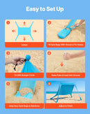 VEVOR pludmales nojume 2,3 × 2,3 m, augstums 2 m, ar UPF50+ saules aizsardzību, ātri uzstādāma ar smilšu maisiem, stabilizācijas stabiem un lāpstiņām, portatīva ēna ģimenes atpūtai, kempingam un makšķerēšanai