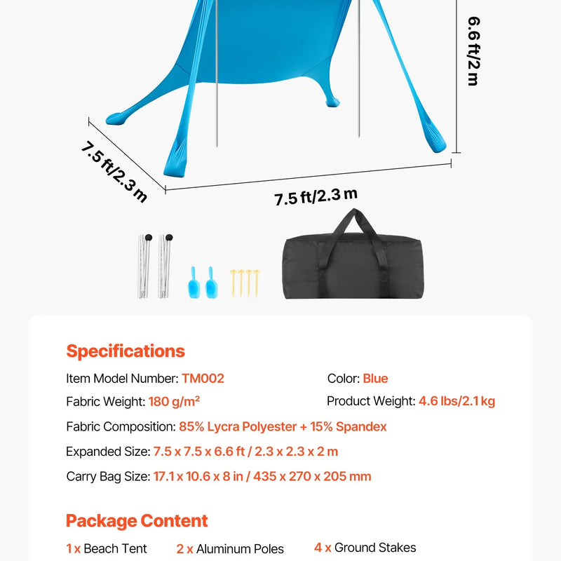 VEVOR pludmales nojume 2,3 × 2,3 m, augstums 2 m, ar UPF50+ saules aizsardzību, ātri uzstādāma ar smilšu maisiem, stabilizācijas stabiem un lāpstiņām, portatīva ēna ģimenes atpūtai, kempingam un makšķerēšanai