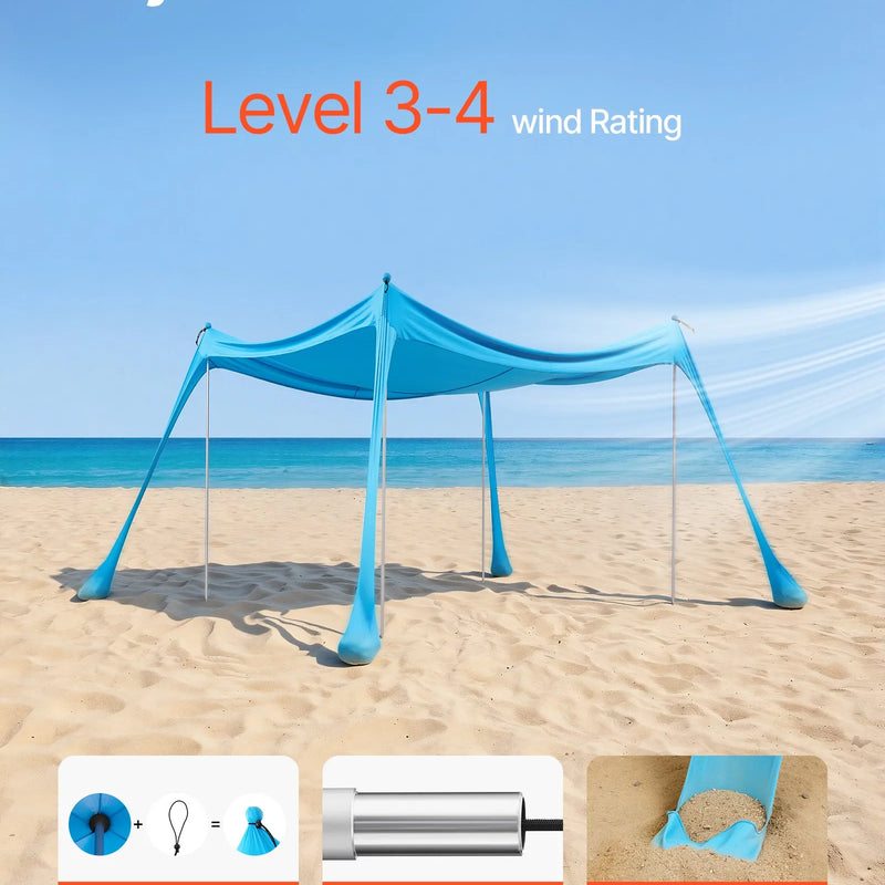 VEVOR pludmales telts nojume 3 × 3 m, augstums 2 m, UPF50+ saules aizsardzība, ātri uzstādāma, ar 4 smilšu maisiem, stabilizācijas stieņiem un smilšu lāpstiņām, pārnēsājama - ZEMLETES.LV