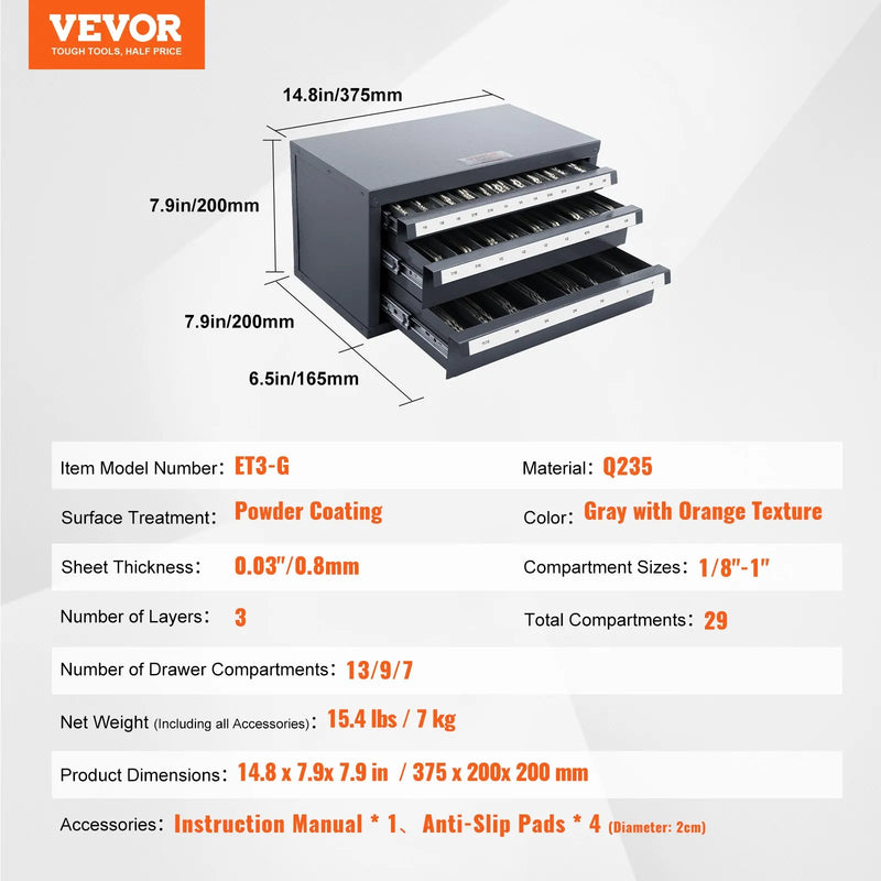VEVOR frēžu uzglabāšanas skapis ar 3 atvilktnēm, tērauda frēžu organizators 1/8"–1" frēzēm ar marķējuma etiķetēm, sakraujams 29 nodalījumu frēžu dozatora skapis frēžu uzglabāšanai - ZEMLETES.LV