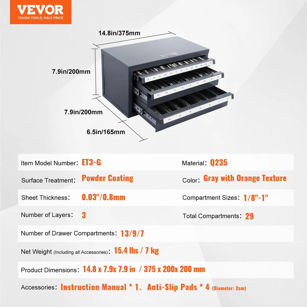 VEVOR frēžu uzglabāšanas skapis ar 3 atvilktnēm, tērauda frēžu organizators 1/8"–1" frēzēm ar marķējuma etiķetēm, sakraujams 29 nodalījumu frēžu dozatora skapis frēžu uzglabāšanai - ZEMLETES.LV