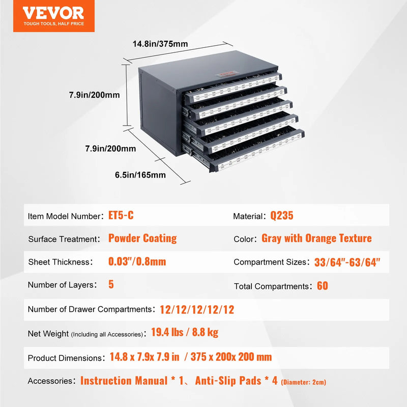 VEVOR urbju uzglabāšanas skapis ar 5 atvilktnēm, tērauda urbju organizators urbjiem 13,1–25,4 mm ar marķējuma etiķetēm, sakraujams urbju dozatora skapis urbju uzglabāšanai - ZEMLETES.LV