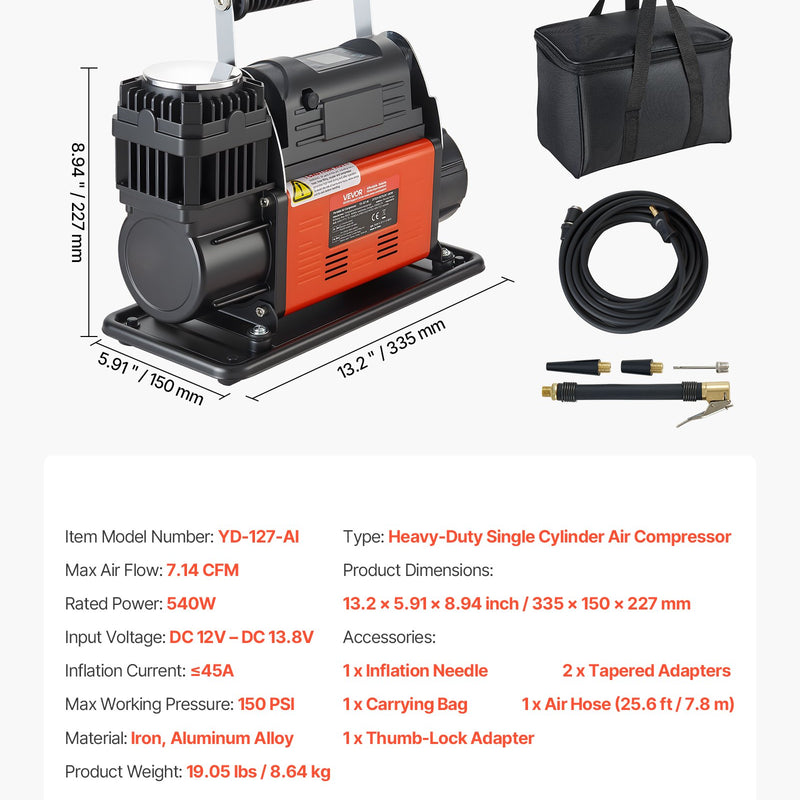 VEVOR 12 V lieljaudas gaisa kompresors, portatīvs riepu piepumpētājs ar automātisko izslēgšanos un LCD displeju, gaisa plūsma 202 l/min, spiediens līdz 10,3 bar, automašīnām, 4×4 un kemperiem