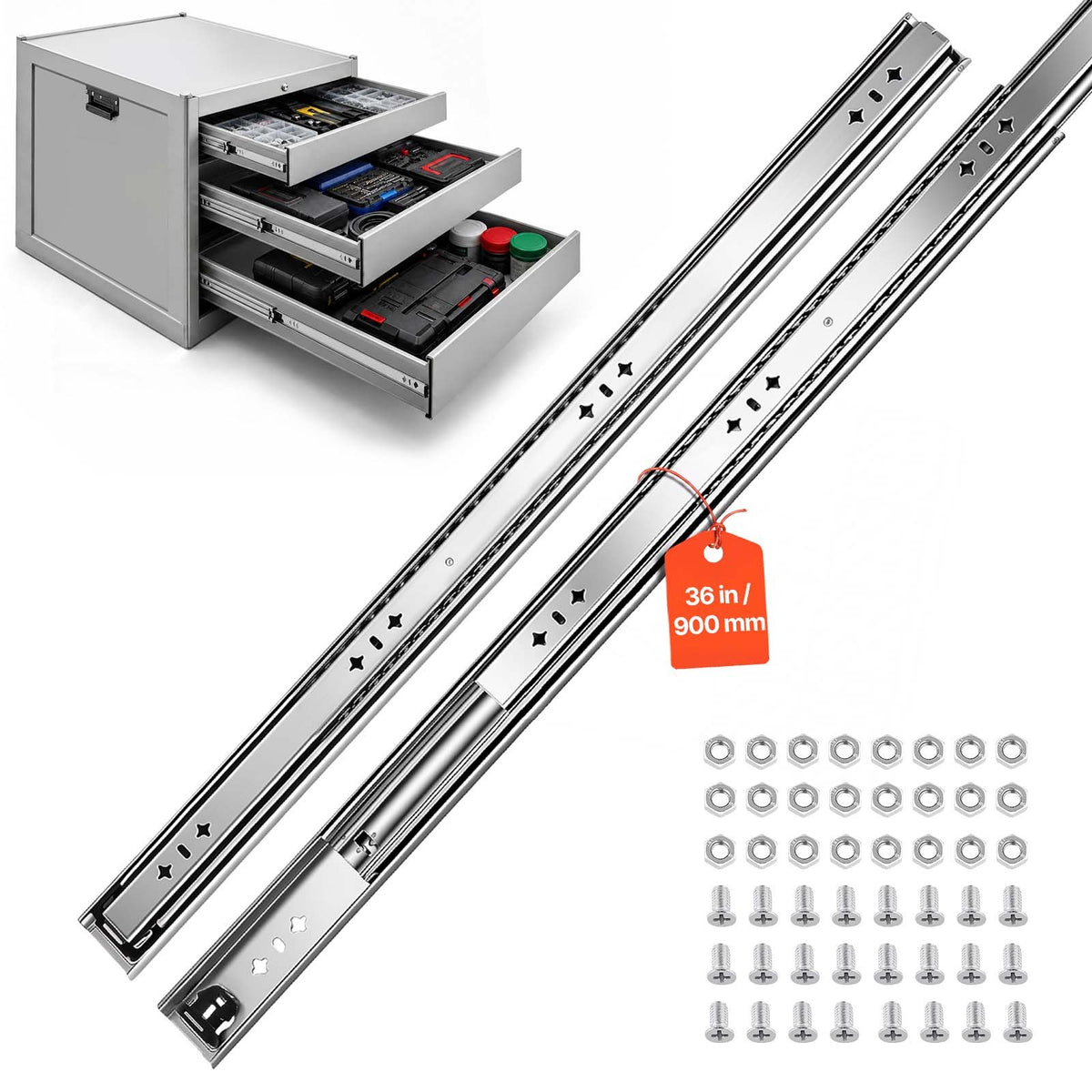 VEVOR 90 cm smagās slodzes atvilktņu sliedes ar 120,2 kg kravnesību, 3 sekciju pilnas izvilkšanas mehānisms, lodīšu gultņi, oglekļa tērauds, 1 pāris