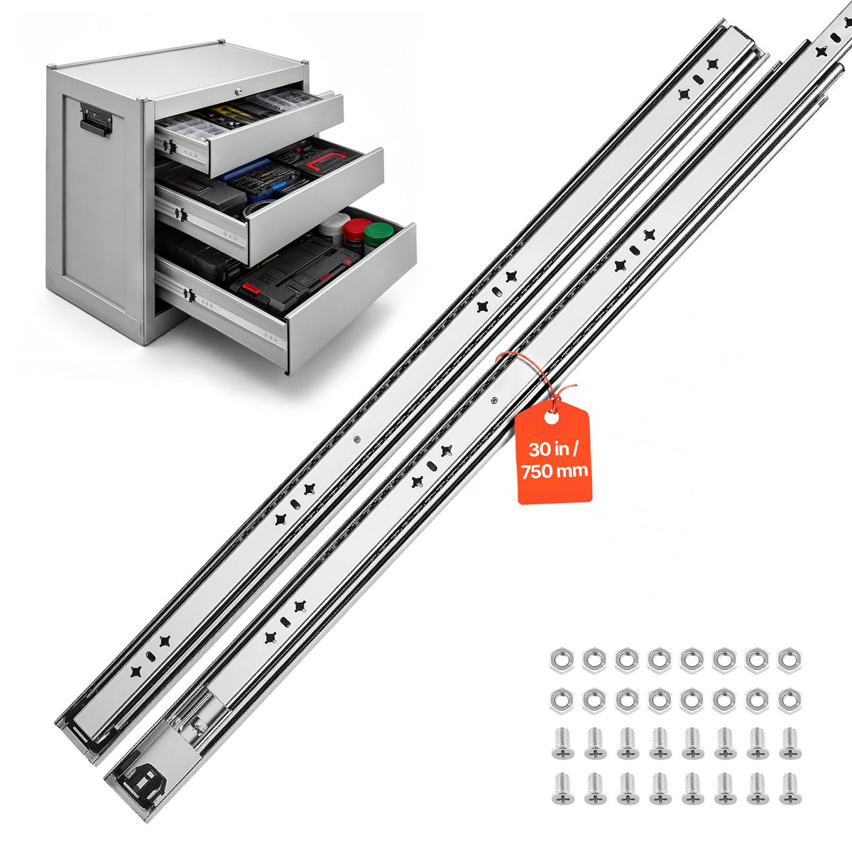VEVOR 75 cm smagās slodzes atvilktņu sliedes ar 120,2 kg kravnesību, 3 sekciju pilnas izvilkšanas mehānisms, lodīšu gultņi, oglekļa tērauds, 1 pāris