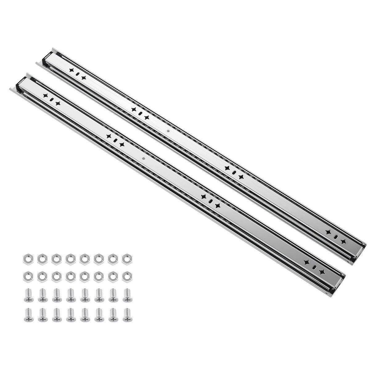 VEVOR 75 cm smagās slodzes atvilktņu sliedes ar 120,2 kg kravnesību, 3 sekciju pilnas izvilkšanas mehānisms, lodīšu gultņi, oglekļa tērauds, 1 pāris