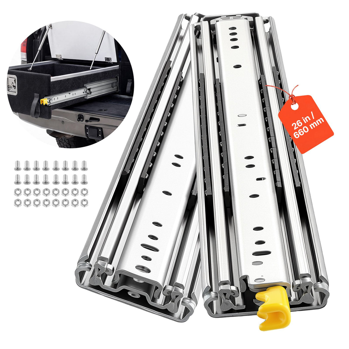 VEVOR 66 cm smagās slodzes atvilktņu sliedes ar slēdzeni un 226,8 kg kravnesību, 3 sekciju pilnas izvilkšanas mehānisms, lodīšu gultņi un oglekļa tērauda konstrukcija