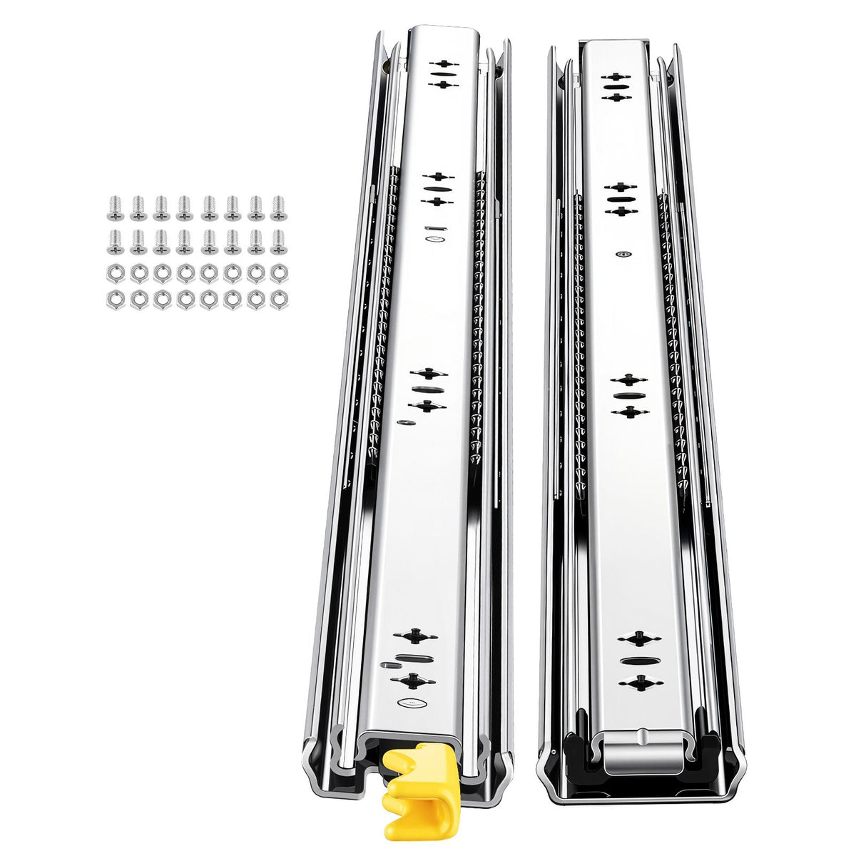 VEVOR 75 cm smagās slodzes atvilktņu sliedes ar slēdzeni un 113,4 kg kravnesību, 3 sekciju pilnas izvilkšanas mehānisms, lodīšu gultņi, 6 pāri