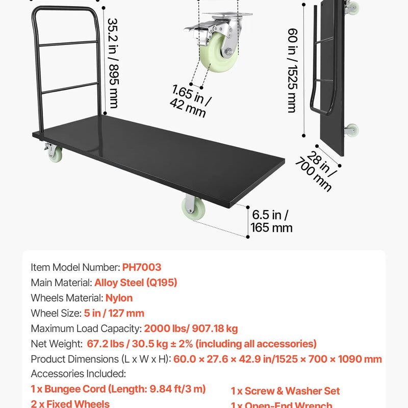 VEVOR platformas ratiņi, kravnesība 907,18 kg, industriāli tērauda plakanie ratiņi ar grozāmiem riteņiem un rokturi, ērta uzglabāšana, 1525 × 700 × 1090 mm - ZEMLETES.LV