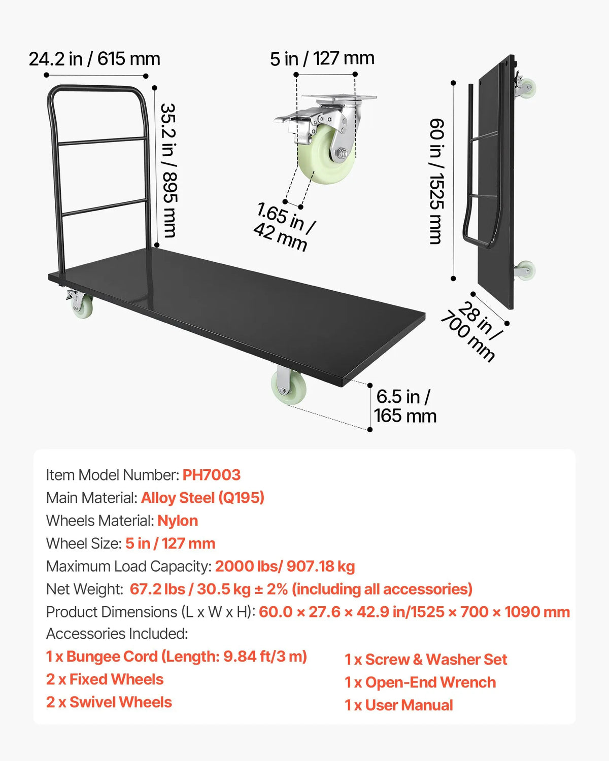 VEVOR platformas ratiņi, kravnesība 907,18 kg, industriāli tērauda plakanie ratiņi ar grozāmiem riteņiem un rokturi, ērta uzglabāšana, 1525 × 700 × 1090 mm - ZEMLETES.LV