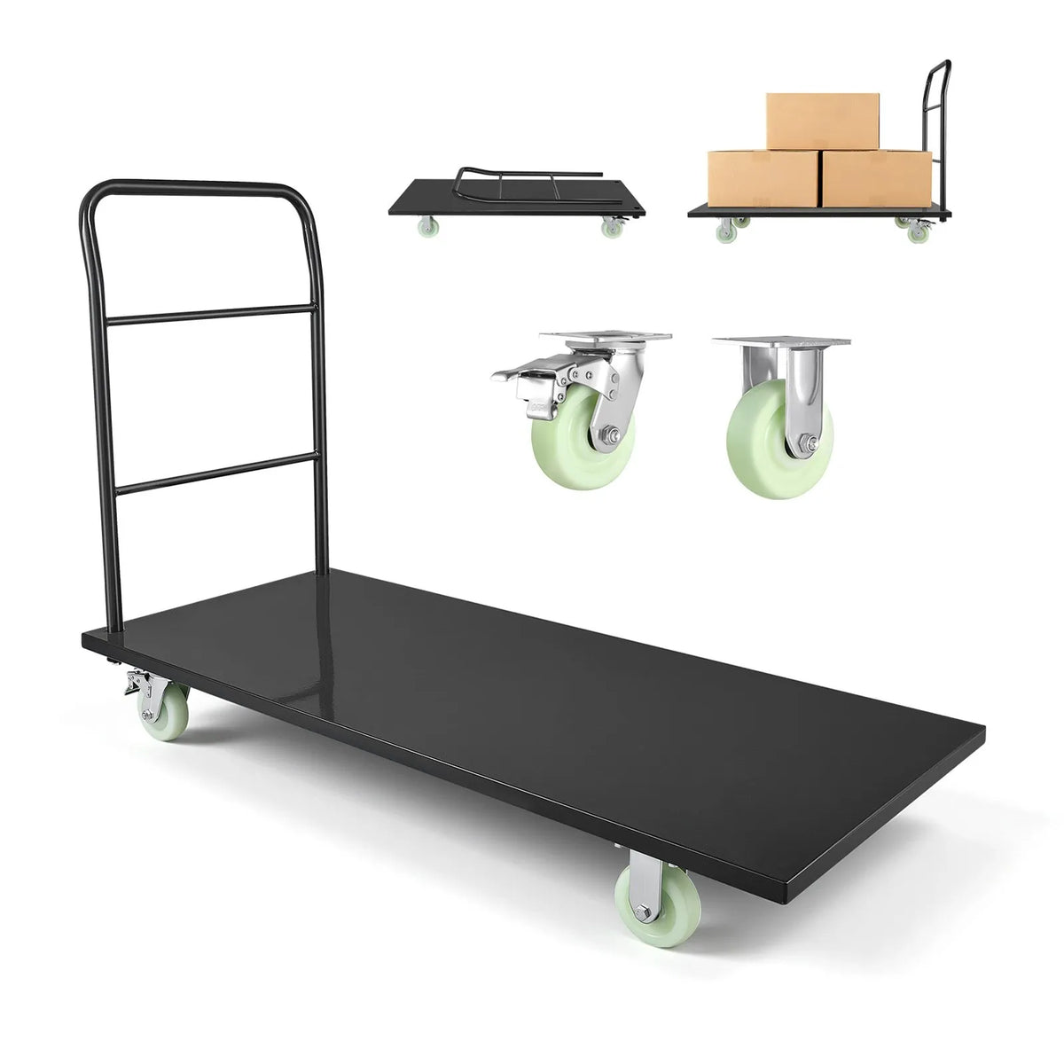 VEVOR platformas ratiņi, kravnesība 907,18 kg, industriāli tērauda plakanie ratiņi ar grozāmiem riteņiem un rokturi, ērta uzglabāšana, 1525 × 700 × 1090 mm - ZEMLETES.LV