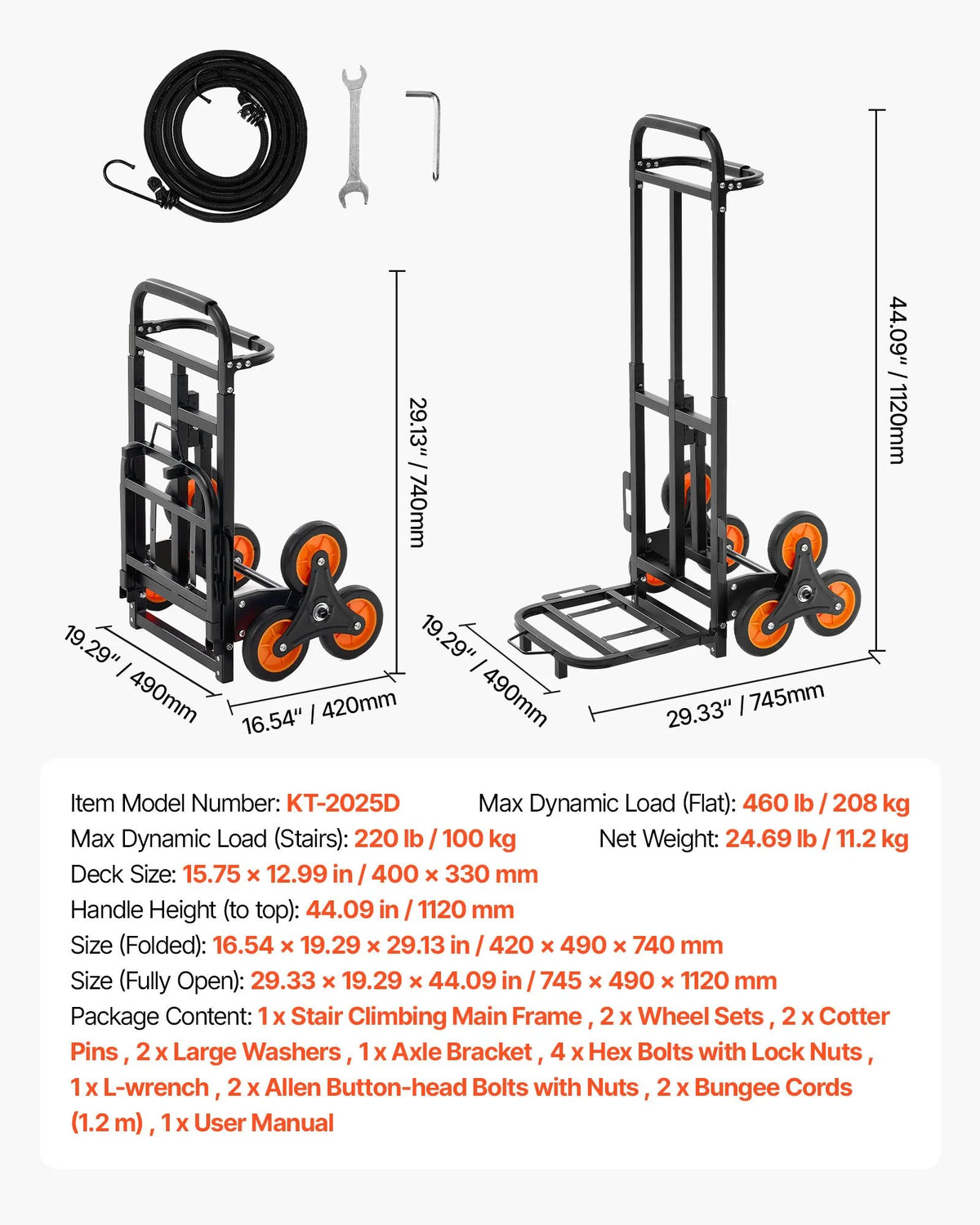 VEVOR kāpņu ratiņi, kravnesība pa kāpnēm 100 kg, izturīgi salokāmi ratiņi ar teleskopisku rokturi, 6 riteņi un 2 gumijas stiprinājuma auklas, piemēroti mājsaimniecībai, iepirkumiem un noliktavai - ZEMLETES.LV