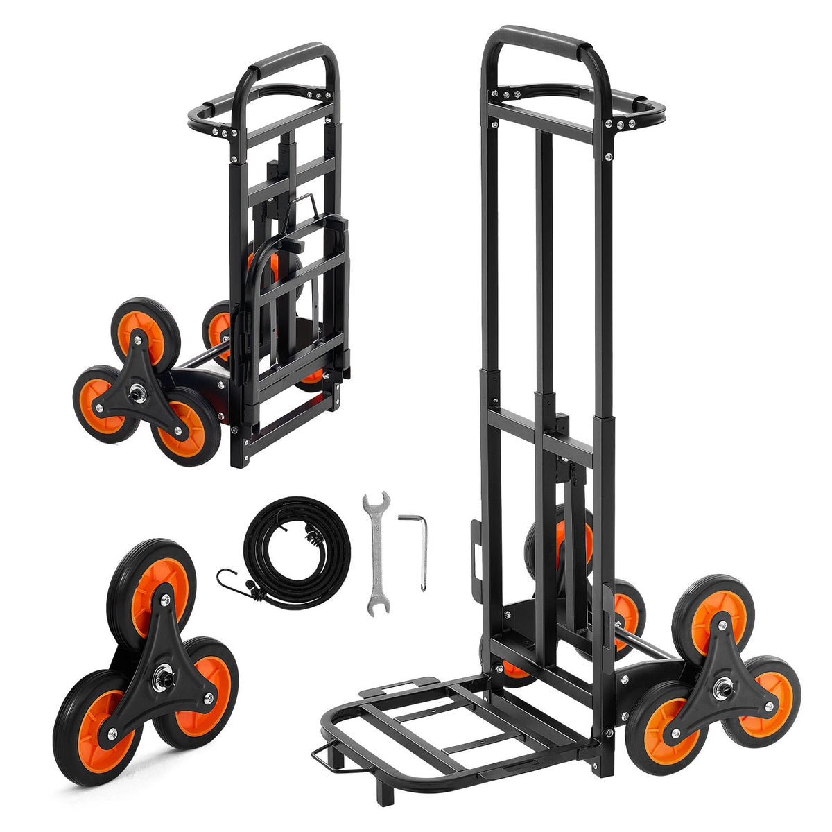 VEVOR kāpņu ratiņi, kravnesība pa kāpnēm 100 kg, izturīgi salokāmi ratiņi ar teleskopisku rokturi, 6 riteņi un 2 gumijas stiprinājuma auklas, piemēroti mājsaimniecībai, iepirkumiem un noliktavai - ZEMLETES.LV